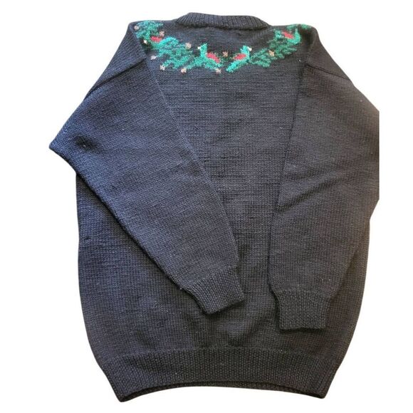 Vintage Talbots Sweater Women's Large Black Wool Knit Santa Intarsia Christmas - Picture 2 of 5